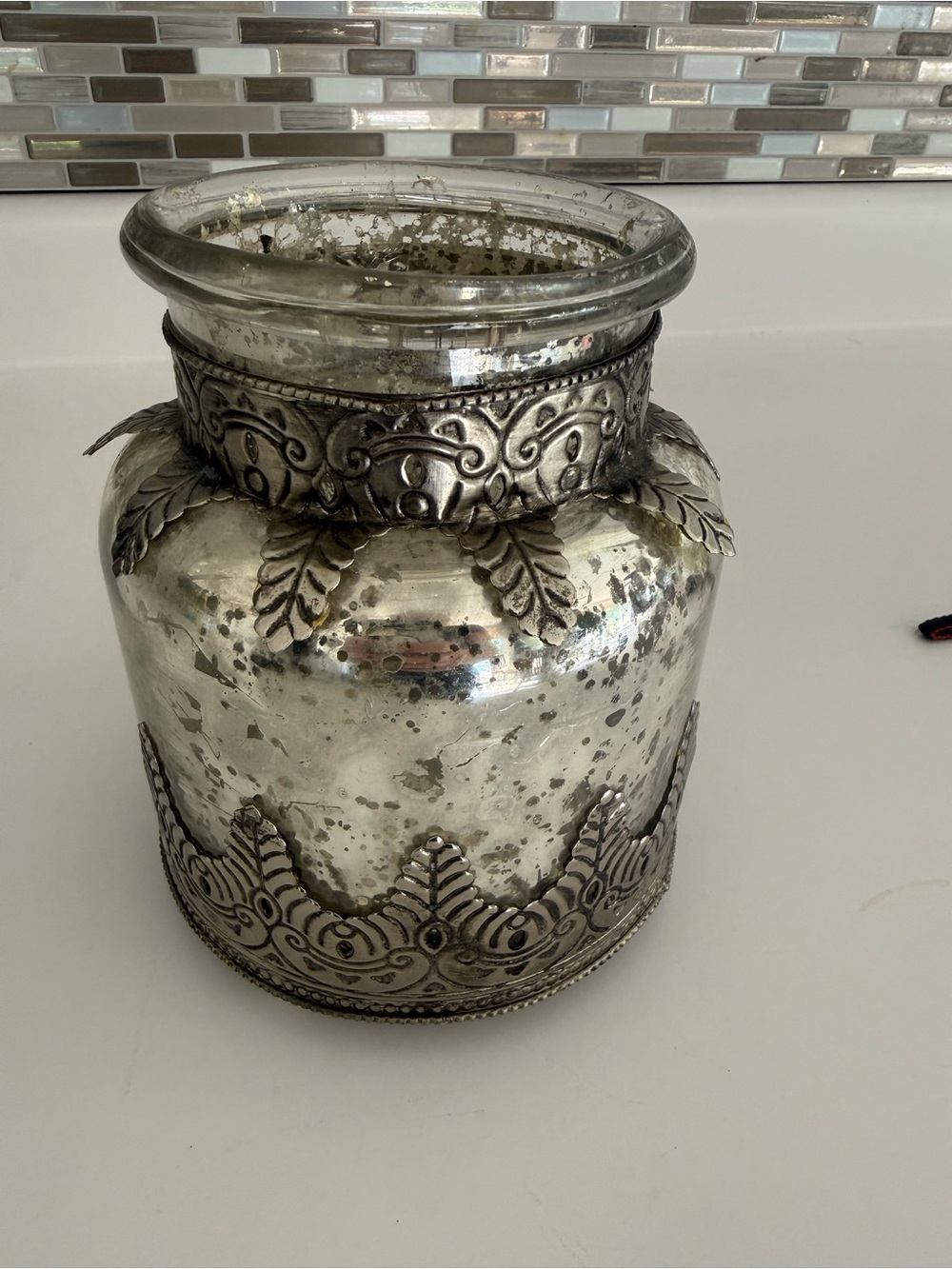 Pottery Barn Vintage Decorative Mercury Glass Vase with Ornate Silver Trim